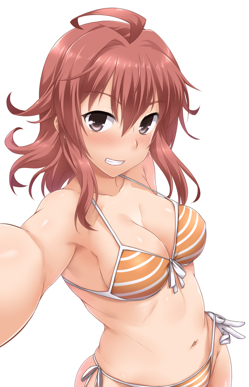 1girl ahoge arashi_(kantai_collection) bikini blush breasts front-tie_top gloves grey_eyes grin hair_between_eyes highres kantai_collection long_hair medium_breasts orange_bikini reaching_out redhead self_shot side-tie_bikini simple_background smile solo striped striped_bikini swimsuit underwear white_background white_gloves yoshi_tama