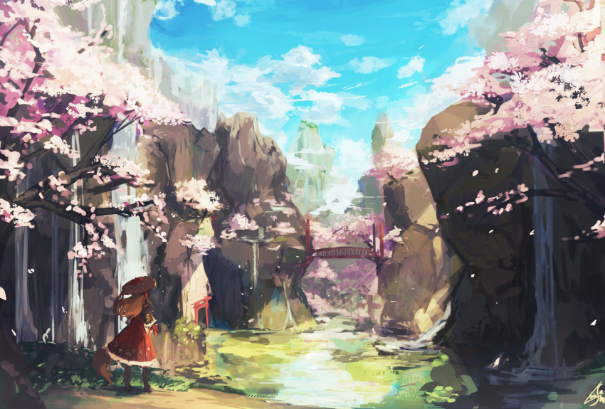 1girl blue_sky boots bridge brown_hair cherry_blossoms clouds day dress from_behind hat lake lansane original outdoors red_dress scenery signature sky solo standing tail torii tree tsana_(lansane) water waterfall wolf_tail