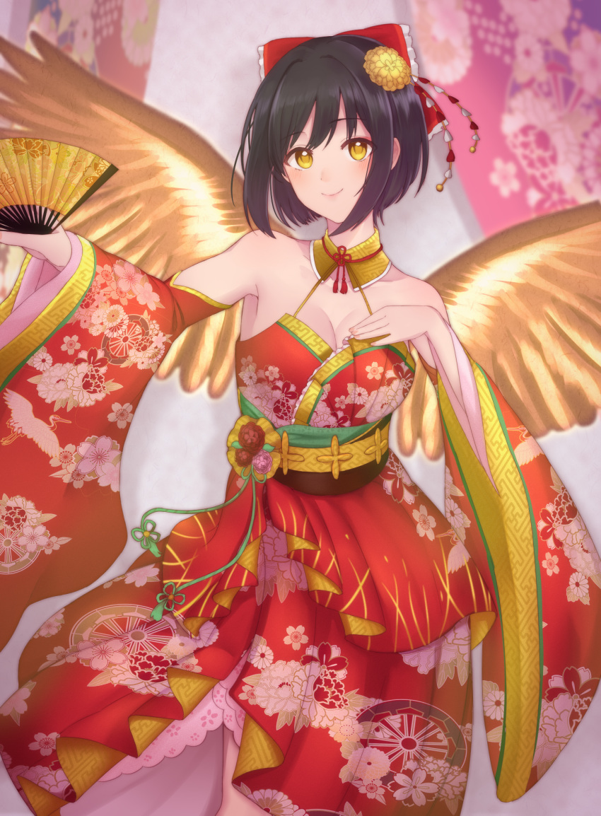 1girl black_hair blush bow breasts brown_wings choker cleavage collarbone detached_sleeves dress fan feathered_wings flower hair_bow hair_flower hair_ornament highres holding holding_fan idolmaster idolmaster_cinderella_girls idolmaster_cinderella_girls_starlight_stage looking_at_viewer medium_breasts monotiina red_bow red_dress short_hair sleeveless sleeveless_dress smile solo standing takafuji_kako wings yellow_eyes yellow_flower