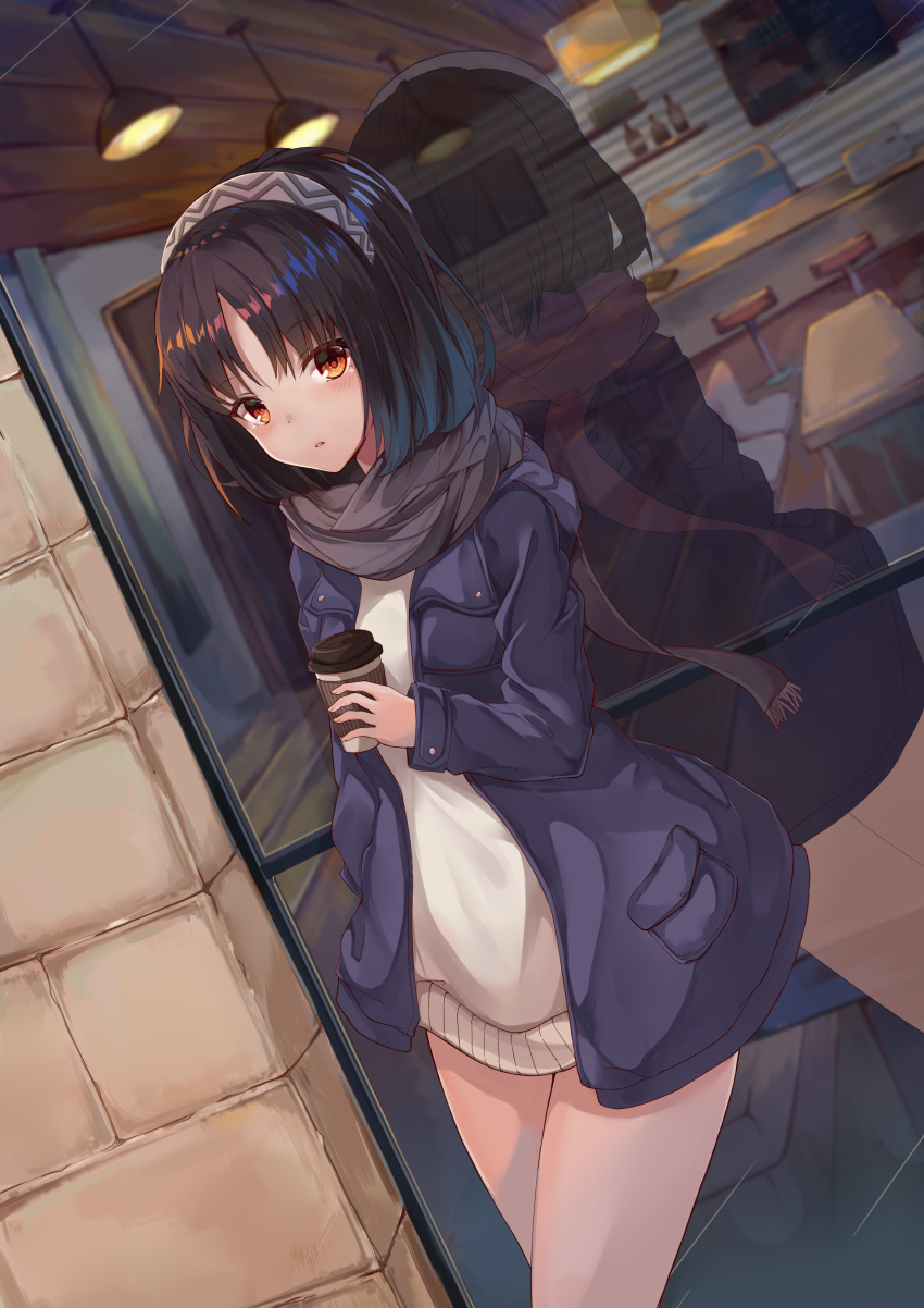 1girl absurdres against_glass black_hair black_scarf blue_coat coat dutch_angle eyebrows_visible_through_hair grey_sweater hairband highres holding looking_at_viewer open_clothes open_coat orange_eyes original outdoors parted_lips reflection scarf short_hair solo standing usagi_an