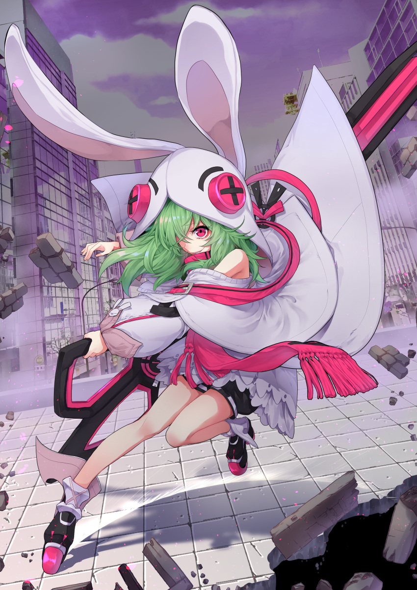 1girl absurdres animal_hood black_shorts bunny_hood floating_hair forever_7th_capital full_body green_hair grey_sweater grin hair_between_eyes hair_over_one_eye highres holding holding_weapon hood long_hair nanin outdoors red_eyes road scissor_blade short_shorts shorts smile solo street weapon