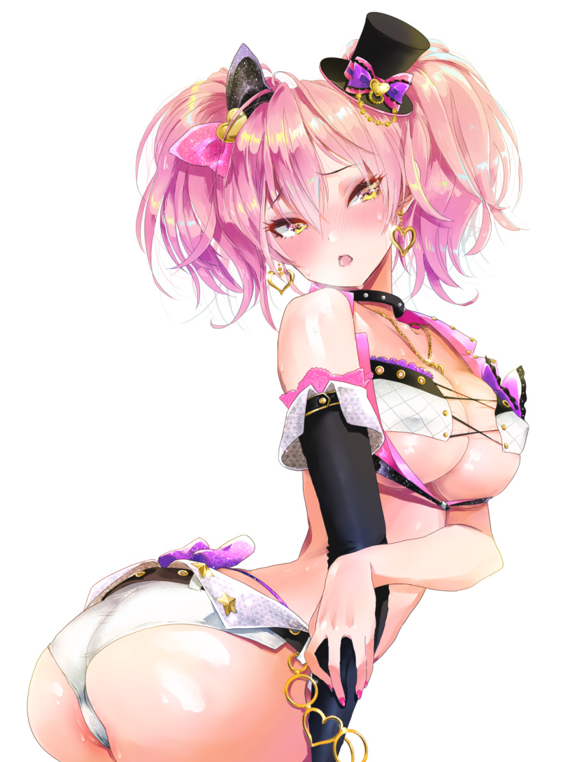 1girl arched_back ass bangs black_gloves blush bow breasts chains cross-laced_clothes elbow_gloves eyebrows_visible_through_hair eyelashes gloves hair_between_eyes hair_bow hat highres hips idolmaster idolmaster_cinderella_girls jewelry jougasaki_mika large_breasts long_hair mini_hat navel necklace open_mouth pink_hair poniponi shiny shiny_hair short_shorts shorts simple_background single_glove solo twintails waist white_background white_shorts yellow_eyes
