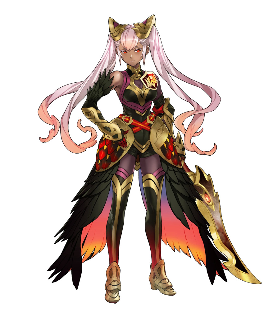 1girl armor bangs bare_shoulders belt breasts dark_skin elbow_gloves feather_trim feathers fire_emblem fire_emblem_heroes full_body gauntlets gloves gradient gradient_hair hair_ornament highres holding holding_sword holding_weapon laevateinn_(fire_emblem_heroes) long_hair looking_at_viewer maeshima_shigeki medium_breasts multicolored_hair official_art parted_lips red_eyes seductive_smile smile solo standing sword thigh-highs transparent_background weapon