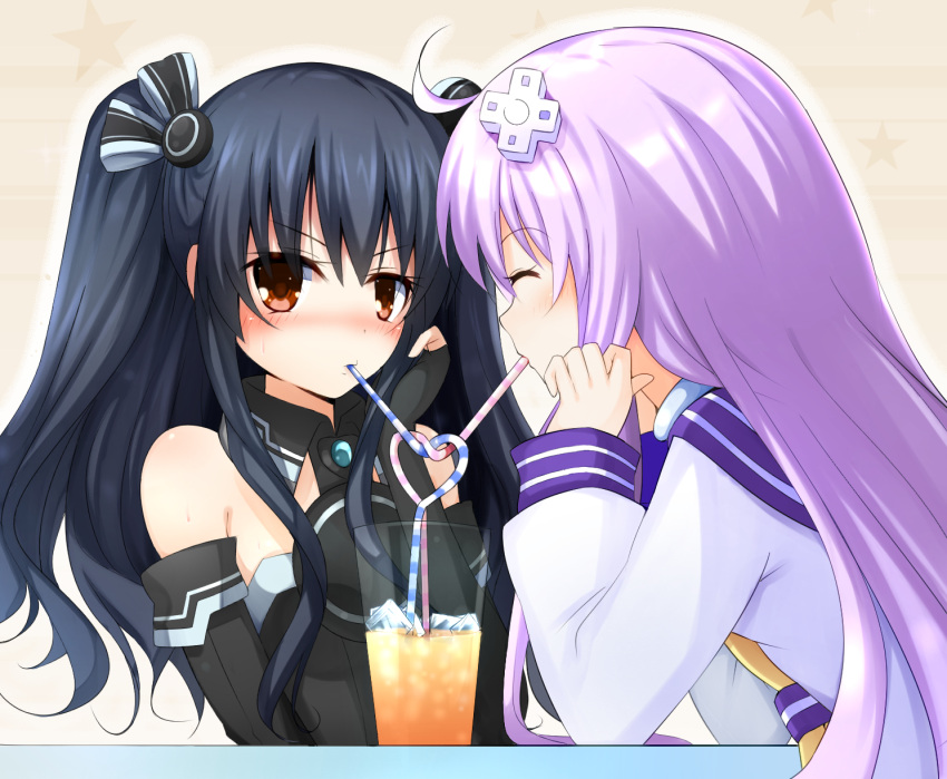2girls ^_^ ahoge bare_shoulders black_gloves black_hair blue_sailor_collar blush breasts choujigen_game_neptune choujigen_game_neptune_mk2 closed_eyes cup doria_(5073726) drink drinking drinking_glass drinking_straw elbow_gloves eyebrows_visible_through_hair gloves hair_ornament hairpin halter_top halterneck hand_on_own_cheek happy heart heart_straw highres ice ice_cube long_hair long_sleeves multiple_girls nepgear neptune_(series) nose_blush pink_hair red_eyes sailor_collar shirt sidelocks simple_background sleeveless striped sweatdrop table twintails uni_(choujigen_game_neptune) upper_body v-shaped_eyebrows white_shirt wing_collar yellow_background yellow_neckwear yuri