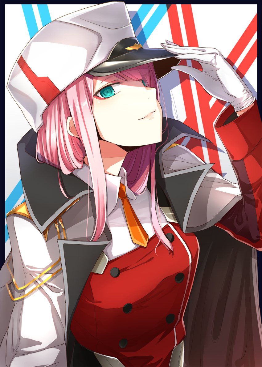 aqua_eyes dabadhi darling_in_the_franxx double-breasted eyebrows_visible_through_hair eyeshadow gloves hand_on_headwear hat highres holding holding_hat jacket_on_shoulders looking_to_the_side makeup military military_hat military_uniform orange_neckwear pink_hair shiny shiny_hair straight_hair uniform white_gloves zero_two_(darling_in_the_franxx)