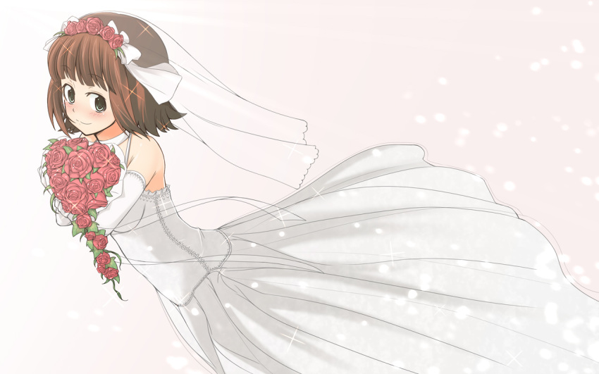 bouquet bridal_veil bride dress elbow_gloves flower gloves idolmaster kazuto_san rose solo veil wallpaper wedding_dress