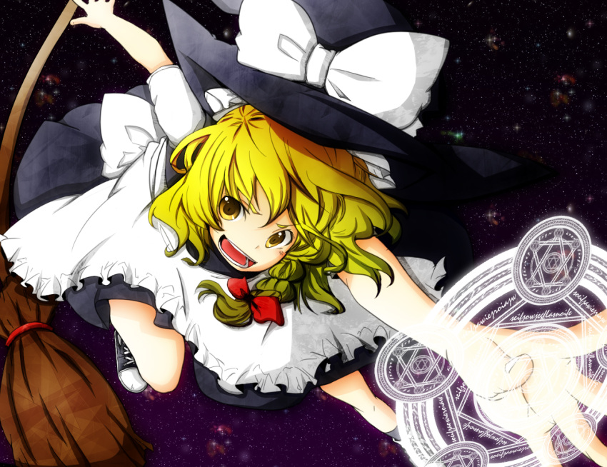 blonde_hair broom colored d-tline foreshortening glare grin hat hexagram kirisame_marisa ko-&gt;u magic_circle open_mouth outstretched_arm outstretched_hand popokabi sky smile solo star star_(sky) starry_sky touhou witch_hat yellow_eyes