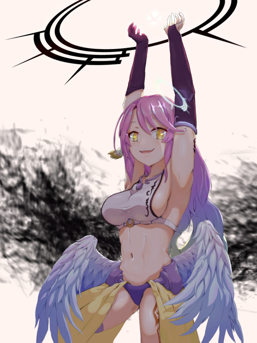 1girl abs angel_wings bangs blurry blurry_background breasts cowboy_shot feathered_wings gloves halo hands_up highres jewelry jibril_(no_game_no_life) large_breasts leg_tattoo long_hair looking_at_viewer low_wings magic_circle midriff multicolored_hair navel no_game_no_life open_mouth parted_bangs pendant pink_hair purple_legwear sideboob smile solo standing tattoo thigh-highs twtnw white_wings wings yellow_eyes