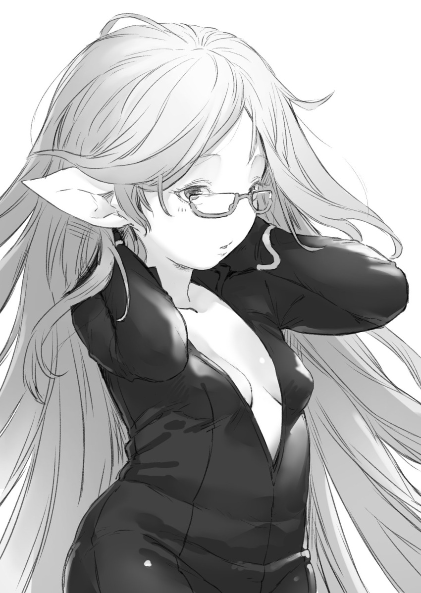 1girl breasts cleavage glasses granblue_fantasy greyscale hands_on_own_neck harbin highres long_hair monochrome no_nose parted_lips pointy_ears simple_background sketch small_breasts solo toriudonda very_long_hair zahlhamelina