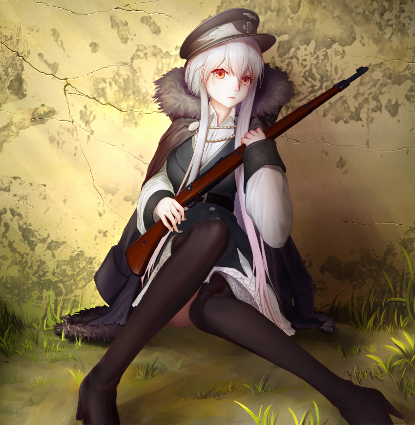 1girl absurdres bangs black_cloak black_dress black_footwear black_hat black_jacket black_legwear bolt_action boots closed_mouth collared_shirt commentary_request cracked_wall dress eyebrows_visible_through_hair food fur-trimmed_cloak fur-trimmed_jacket fur_trim girls_frontline grass hair_between_eyes hat head_tilt highres holding holding_food iron_cross jacket jacket_on_shoulders kar98k_(girls_frontline) long_hair long_sleeves looking_at_viewer mauser_98 military_hat object_namesake on_grass peaked_cap pleated_dress red_eyes shirt silver_hair sitting sleeves_past_wrists solo thigh-highs thigh_boots v-shaped_eyebrows very_long_hair weapon white_jacket white_shirt wide_sleeves xxiner