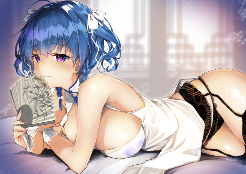 1girl azur_lane bangs bare_shoulders black_legwear black_panties blue_hair blush braid breasts bridal_gauntlets china_dress chinese_clothes closed_mouth commentary_request dress eyebrows_visible_through_hair fan garter_straps hair_ribbon holding holding_fan large_breasts lying on_stomach panties ribbon smile solo st._louis_(azur_lane) thigh-highs twin_braids underwear violet_eyes white_dress white_ribbon yu_yu