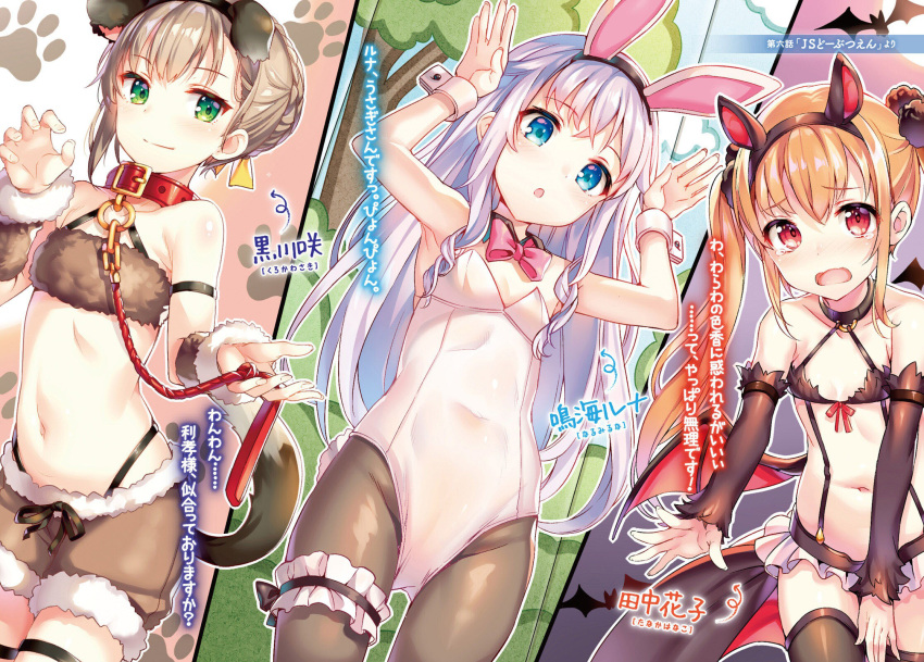 3girls animal_ears asymmetrical_hair bat_ears bat_wings black_bra black_hairband black_legwear black_panties blonde_hair blue_eyes bra brown_hair brown_ribbon brown_shorts bunnysuit collarbone detached_sleeves dog_ears dog_tail eyebrows_visible_through_hair fake_animal_ears flat_chest green_eyes groin hair_between_eyes hair_ribbon hairband highleg highleg_panties highres holding leotard long_hair mokyu multiple_girls navel panties pantyhose pink_ribbon rabbit_ears red_eyes ribbon sensei_no_oyome-san_ni_naritai_onna_no_ko_wa_miinna_16_sai_da_yo? short_shorts shorts silver_hair stomach strapless strapless_leotard suspenders tail thigh-highs thigh_strap twintails underwear very_long_hair white_leotard wings wrist_cuffs