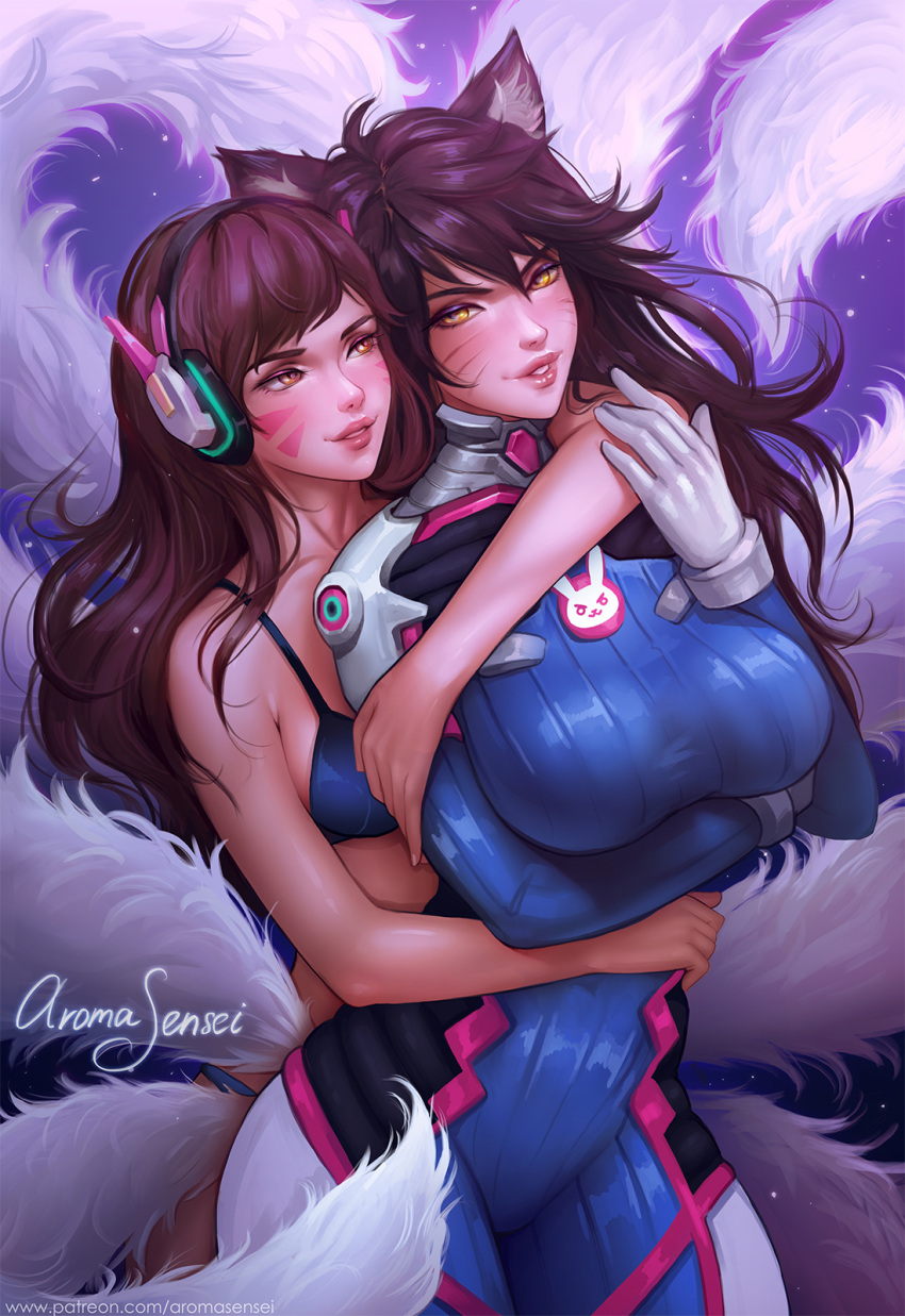 2girls ahri animal_ears animal_print arm_around_neck aroma_sensei artist_name bangs bikini blue_bikini blue_bodysuit bodysuit breast_hold breasts brown_eyes brown_hair bunny_print commentary cosplay cowboy_shot d.va_(overwatch) d.va_(overwatch)_(cosplay) facepaint facial_mark fox_ears fox_girl fox_tail gradient gradient_background headphones high_collar highres hug hug_from_behind large_breasts league_of_legends long_hair looking_at_another looking_at_viewer multiple_girls multiple_tails nose overwatch parted_lips pilot_suit pink_lips purple_background ribbed_bodysuit shoulder_pads signature skin_tight slit_pupils smile swept_bangs swimsuit tail whisker_markings yellow_eyes yuri