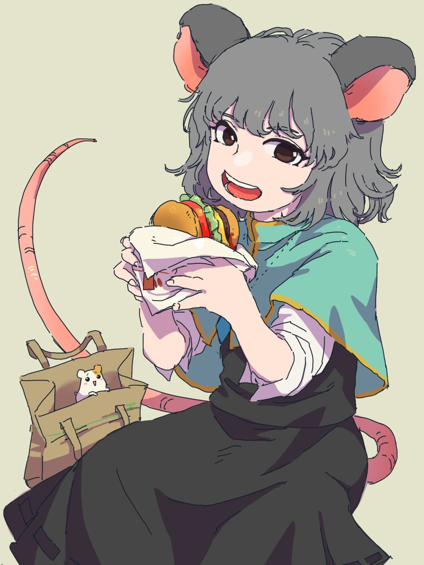 1girl ananna animal_ears bag black_eyes black_skirt blush_stickers bread_bun brown_eyes capelet cheese commentary_request food food_wrapper grey_hair hamburger hamster highres holding holding_food lettuce medium_hair mouse_ears mouse_tail nazrin open_mouth short_sleeves skirt tail tan_background tomato touhou wrapper
