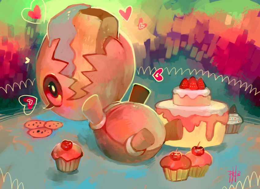 cake commission cookie cupcake eating eyelashes food fruit glitchedpuppet happy heart lying multicolored multicolored_background no_humans on_back pokemon pokemon_(creature) pokemon_(game) pokemon_rse signature solo strawberry trapinch