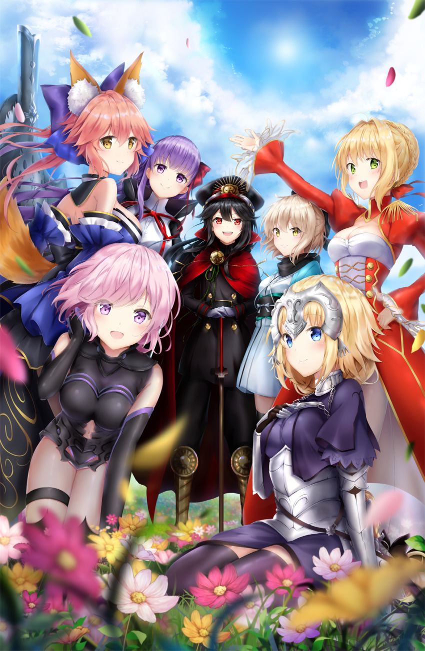 6+girls :d animal_ears arm_up armor armored_dress bb_(fate/extra_ccc) black_bow black_gloves black_hair black_hat black_legwear black_leotard blonde_hair blue_dress blue_eyes blue_sky bow breasts brown_hair cape choker cleavage clouds day detached_sleeves dress dress_shirt elbow_gloves fate/grand_order fate_(series) floating_hair fox_ears fox_tail gauntlets gloves green_eyes grey_gloves hair_between_eyes hair_bow hair_ribbon hand_in_hair hands_on_hilt hat highres japanese_clothes jeanne_d'arc_(fate) jeanne_d'arc_(fate)_(all) kimono kneeling large_breasts leotard mash_kyrielight medium_breasts military military_hat military_uniform multiple_girls navel neck_ribbon nero_claudius_(fate) nero_claudius_(fate)_(all) obi oda_nobunaga_(fate) okita_souji_(fate) open_mouth outdoors pink_hair ponytail purple_hair red_cape red_dress red_eyes red_ribbon ribbon sash sheath sheathed shirt short_hair short_kimono sideboob silver_hair sitting sky smile sunlight sword tail tamamo_(fate)_(all) tamamo_no_mae_(fate) thigh-highs thigh_strap uniform violet_eyes weapon white_kimono white_shirt