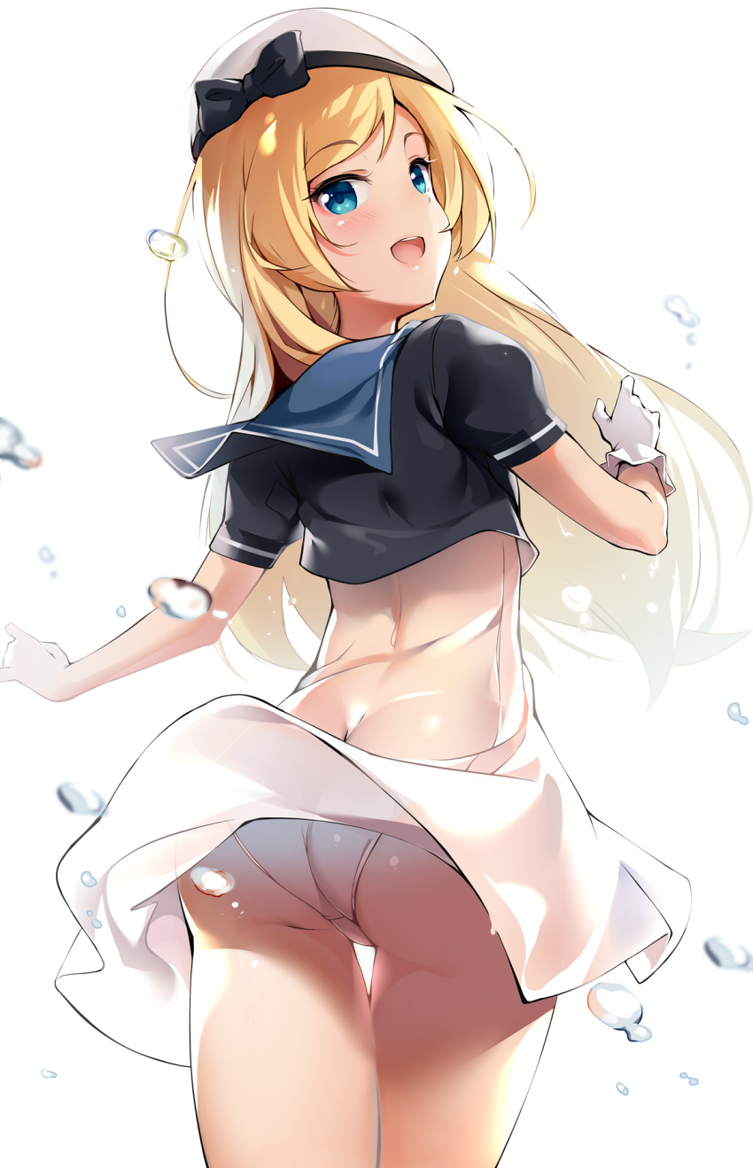 1girl :d ass beret blonde_hair blue_eyes blue_sailor_collar dress gloves hat highres jervis_(kantai_collection) kantai_collection long_hair looking_at_viewer looking_back open_mouth panties pantyshot pantyshot_(standing) sailor_collar sailor_dress short_sleeves shuffle_(songdatiankong) simple_background smile solo standing underwear white_background white_dress white_gloves white_hat white_panties