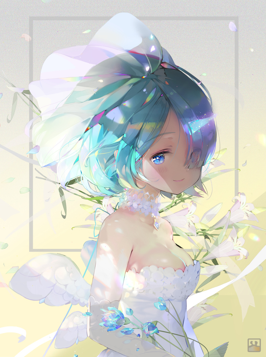 1girl bare_shoulders blue_eyes blue_hair blush breasts bridal_veil bride choker cleavage dahl-lange dress elbow_gloves flower gloves hair_over_one_eye highres jewelry looking_at_viewer medium_breasts multiple_wings pendant re:zero_kara_hajimeru_isekai_seikatsu rem_(re:zero) short_hair smile solo veil wedding_dress white_dress white_wings wings