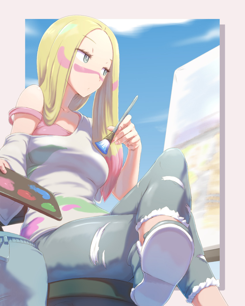 1girl bag blonde_hair blue_eyes blue_sky bra breasts bright_pupils canvas_(object) closed_mouth collarbone cutoffs day facepaint forehead from_below grey_footwear grey_pants half-closed_eyes highres holding holding_brush kous_(onetwojustice) legs_crossed long_hair matsurika_(pokemon) medium_breasts nail_polish off_shoulder outdoors outside_border paintbrush pants pink_bra pink_nails pokemon pokemon_(game) pokemon_sm shirt shoe_soles shoes single_bare_shoulder sitting sky solo stool strap_slip torn_clothes torn_pants underwear white_shirt