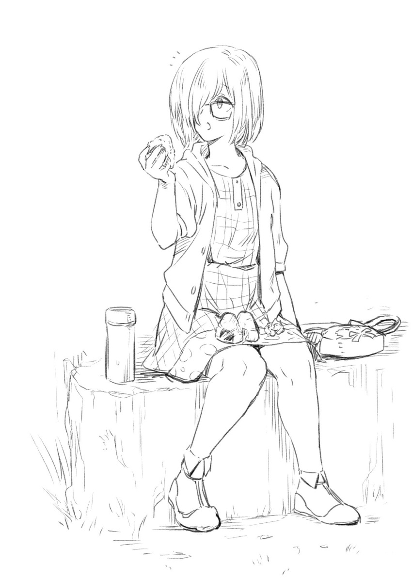 1girl casual dress eating fate/grand_order fate_(series) food full_body glasses greyscale highres hood hoodie mash_kyrielight monochrome onigiri outdoors shoes sketch solo thermos