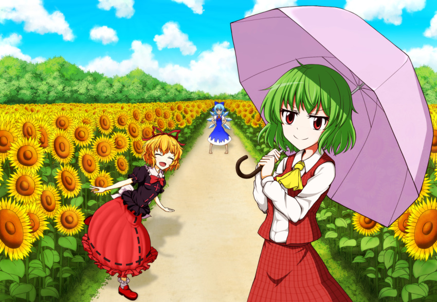 3girls ascot barefoot blonde_hair blue_bow blue_dress blue_hair blue_sky bow bowtie cirno clouds commentary_request dress facing_viewer field flower flower_field frilled_skirt frills green_hair hair_bow hair_ribbon hands_on_hips holding holding_umbrella ice ice_wings kazami_yuuka looking_at_viewer medicine_melancholy multiple_girls pink_umbrella plaid plaid_skirt plaid_vest puffy_short_sleeves puffy_sleeves red_bow red_eyes red_footwear red_neckwear red_ribbon ribbon short_hair short_sleeves skirt sky smile standing sunflower touhou tree umbrella vest wings yantaro_sun yellow_neckwear