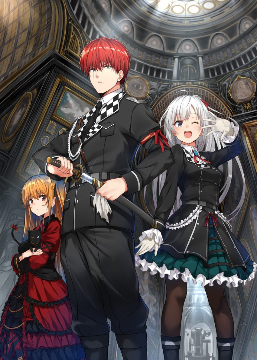 1boy 2girls ;d arm_ribbon black_footwear black_jacket black_legwear black_neckwear black_pants blonde_hair cat checkered dress eyebrows_visible_through_hair floating_hair frilled_dress frills from_below gloves gothic_lolita grey_gloves hair_ribbon highres holding holding_cat holding_sheath holding_sword holding_weapon indoors isshiki jacket layered_dress layered_skirt lolita_fashion long_hair military military_uniform multiple_girls naberius_fuuin_bijutsukan_no_collector neck_ribbon necktie novel_illustration official_art one_eye_closed open_mouth pants pantyhose red_dress red_ribbon redhead ribbon sheath silver_hair skirt smile standing sword tail tail_ribbon twintails uniform unsheathing very_long_hair violet_eyes weapon