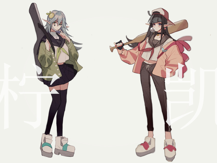 2girls absurdres ahoge aotu_world backwards_hat bangs baseball_bat baseball_cap black_gloves black_hair black_legwear black_pants black_sailor_collar black_skirt blue_eyes blue_hair bubble_blowing chewing_gum elf eyebrows_visible_through_hair ez_1011 facial_mark fingerless_gloves fingernails gloves green_eyes green_jacket green_neckwear grey_background guitar_case hair_between_eyes hair_ornament hat highres holding instrument_case jacket kaili_(aotu_world) long_sleeves looking_at_viewer multiple_girls nail_polish neckerchief off_shoulder over_shoulder pants parted_lips pleated_skirt pointy_ears red_jacket red_nails red_neckwear sailor_collar school_uniform serafuku shirt shoes simple_background skirt standing thigh-highs white_shirt