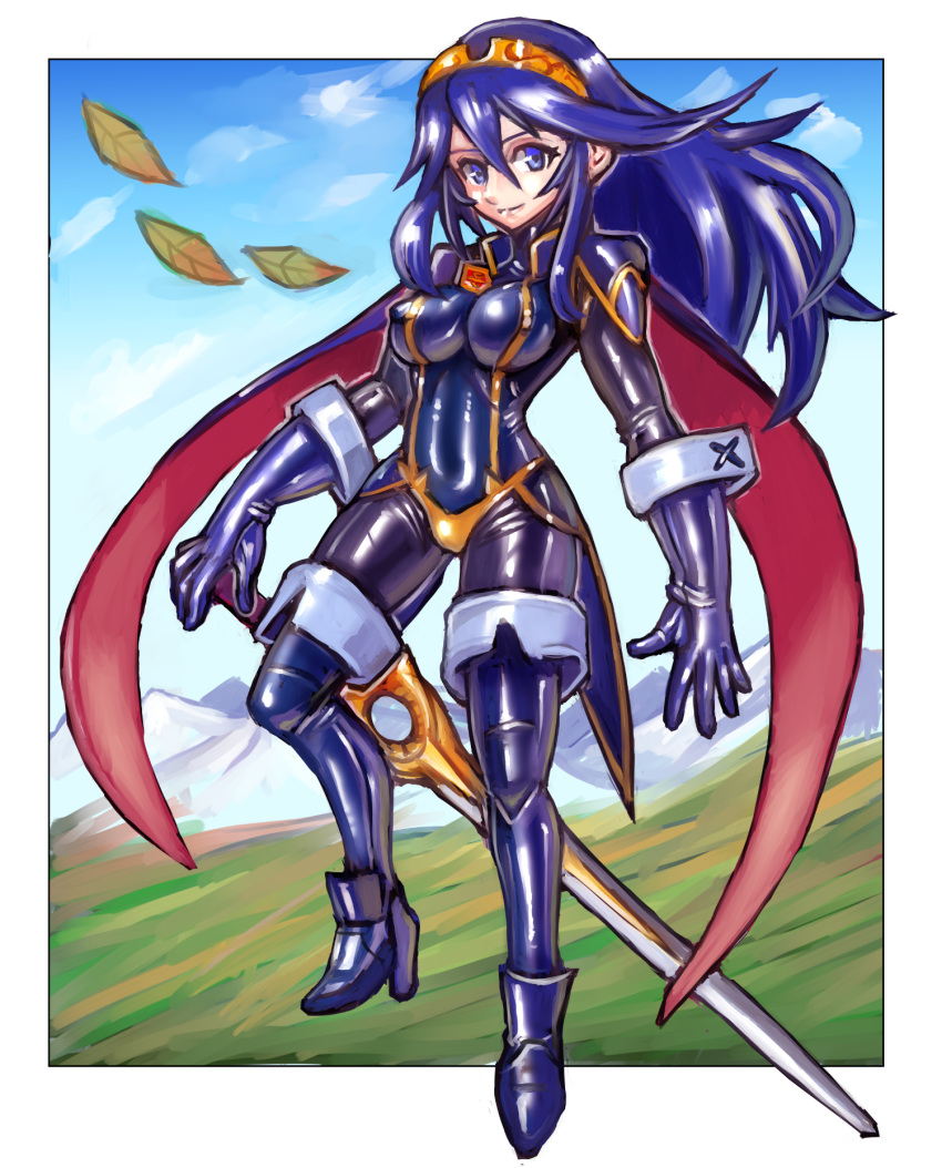 1girl adapted_costume alternate_costume blue_eyes blue_footwear blue_gloves blue_hair blue_leotard blue_sky bodysuit boots cape closed_mouth clouds day elbow_gloves erect_nipples eyebrows eyelashes fire_emblem fire_emblem:_kakusei full_body gloves grass hairband high_heels highres holding holding_sword holding_weapon leaf leotard long_hair lucina mountain oomasa_teikoku orange_hairband outdoors pantyhose purple_legwear sidelocks skin_tight sky smile solo sword thigh-highs thigh_boots tight weapon