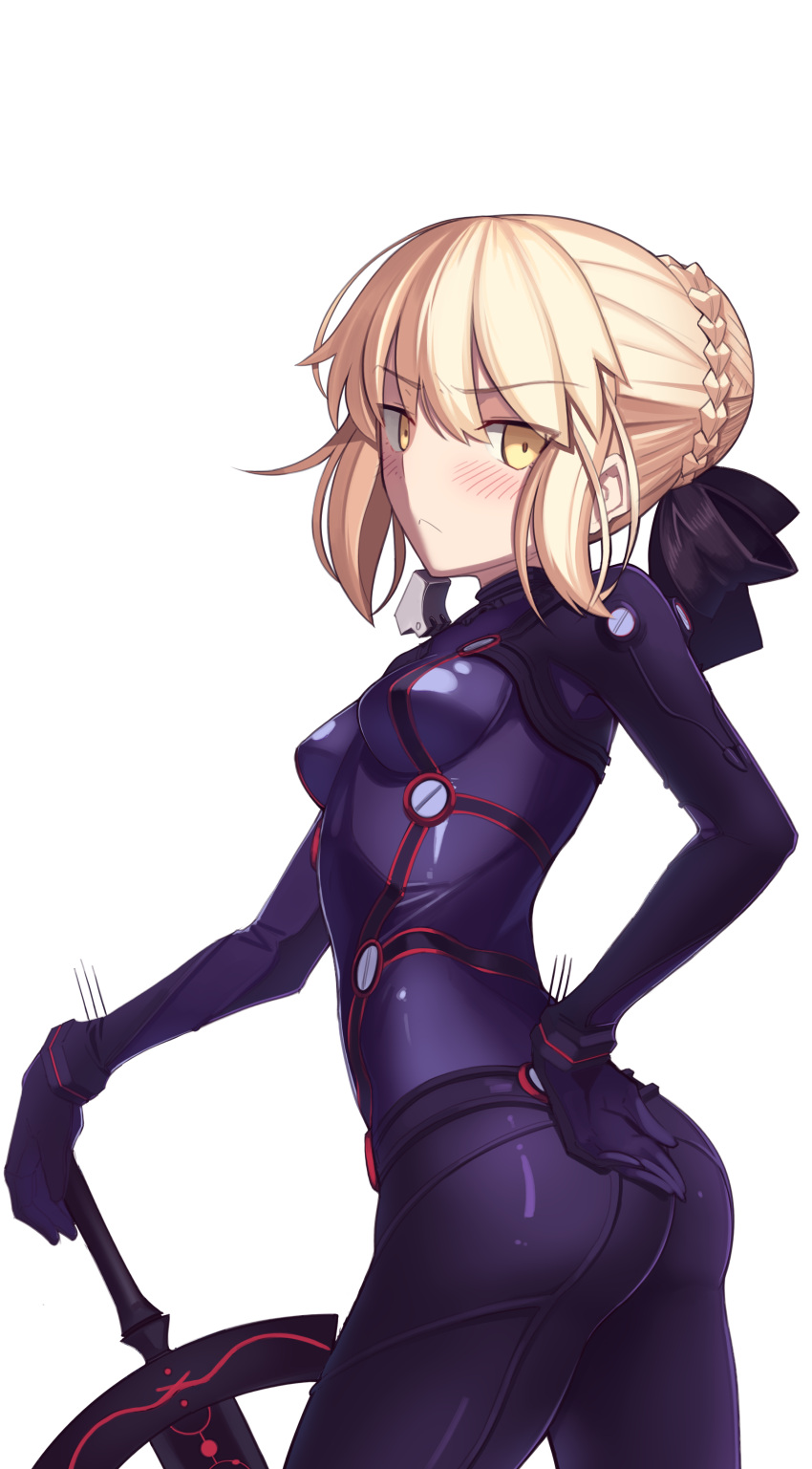 1girl absurdres artoria_pendragon_(all) bangs blonde_hair blush blush_stickers boa_(brianoa) bodysuit braid breasts closed_mouth cropped_legs eyebrows_visible_through_hair fate/stay_night fate_(series) from_side gloves hair_between_eyes hand_on_hip highres looking_at_viewer multicolored multicolored_bodysuit multicolored_clothes plugsuit short_hair solo sword test_plugsuit type-moon weapon white_background yellow_eyes