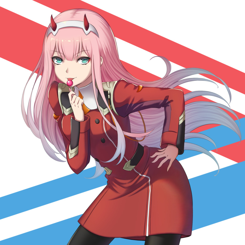 1girl black_legwear blue_eyes candy contrapposto cowboy_shot darling_in_the_franxx dress food hairband hand_on_hip highres horns leaning_forward lollipop long_hair long_sleeves military military_uniform pink_hair red_dress solo straight_hair uniform very_long_hair white_hairband yuki7128 zero_two_(darling_in_the_franxx)