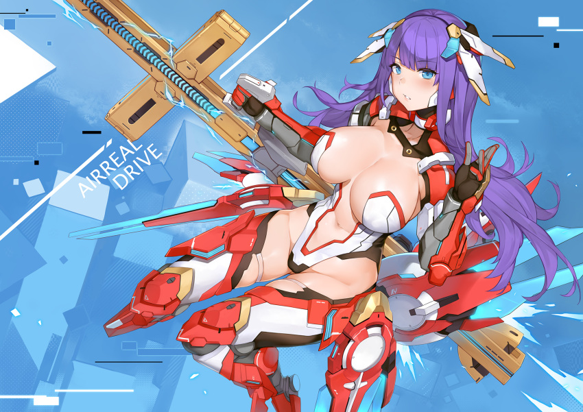 1girl aerial_drive armor bangs blue_eyes blunt_bangs bodysuit breasts center_opening commentary cross english eyebrows_visible_through_hair fate/grand_order fate_(series) gauntlets gloves headgear highleg highleg_leotard highres holding holding_weapon impossible_clothes impossible_leotard large_breasts leotard long_hair looking_at_viewer mecha_musume multicolored multicolored_clothes multicolored_gloves navel parted_lips revealing_clothes saint_martha solo spaulders thrusters turtleneck vambraces very_long_hair violet_eyes weapon white_bodysuit yykuaixian