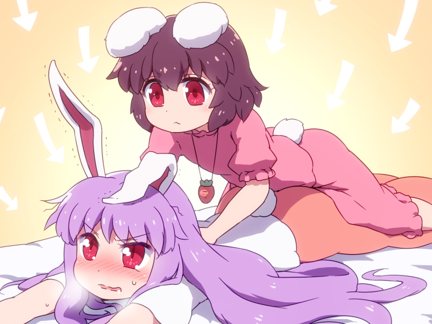 2girls animal_ears ass blush breath brown_hair bunny_tail carrot_necklace commentary_request directional_arrow dress eyebrows_visible_through_hair gradient gradient_background inaba_tewi long_hair lying multiple_girls nose_blush on_stomach orange_background parted_lips pink_dress pink_skirt puffy_short_sleeves puffy_sleeves purple_hair rabbit_ears red_eyes reisen_udongein_inaba shirosato shirt short_hair short_sleeves skirt sweatdrop tail touhou v-shaped_eyebrows wavy_mouth white_shirt