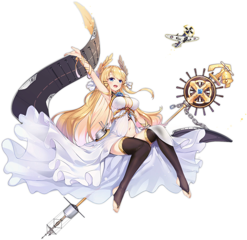 1girl aircraft airplane arm_up azur_lane bangs bare_shoulders bell black_legwear blonde_hair blue_eyes blue_flower blue_rose blush breasts center_opening chains cross dress eyebrows eyebrows_visible_through_hair facing_away flight_deck flower full_body gem halterneck head_wreath highres kaede_(003591163) leaf long_hair looking_away machinery mast medium_breasts navel official_art open_mouth palms ribbon rose sidelocks simple_background sitting sleeveless sleeveless_dress solo staff stomach straight_hair swept_bangs tachi-e teeth thigh-highs toeless_legwear tongue transparent_background turret very_long_hair victorious_(azur_lane) white_dress wrist_ribbon yellow_ribbon zettai_ryouiki