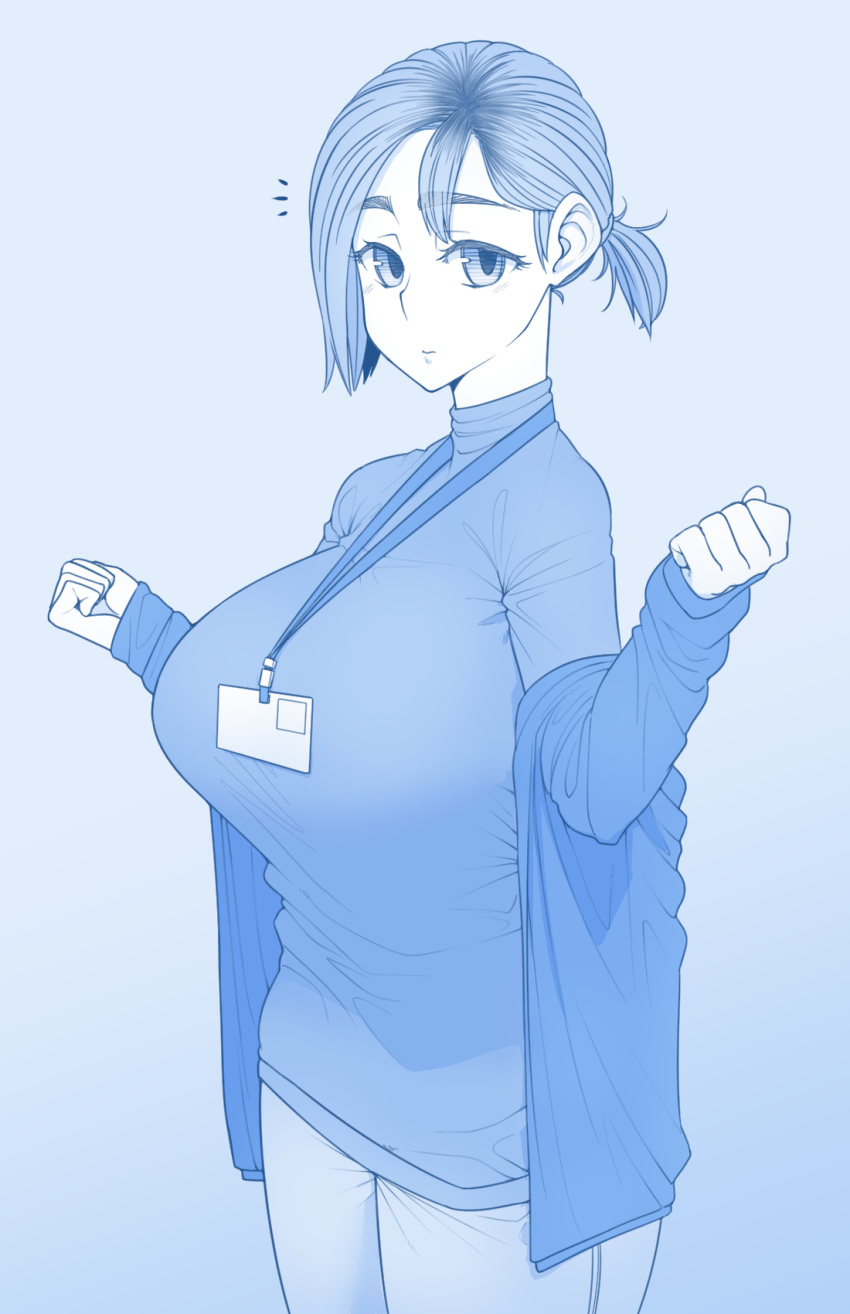 1girl blue blue_background breasts clenched_hands closed_mouth cowboy_shot ekz_(drawfag) eyebrows_visible_through_hair forearms_at_chest highres huge_breasts id_card jacket lanyard long_sleeves looking_at_viewer monochrome name_tag off_shoulder original pants ponytail short_hair simple_background sleeves_past_wrists solo standing sweater thick_eyebrows