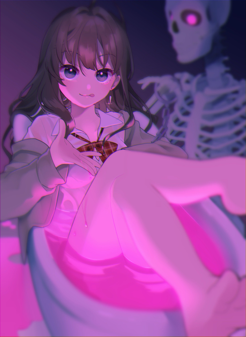 1girl :q absurdres ahoge bangs bare_legs barefoot bathtub blue_eyes blurry blurry_background blurry_foreground bow bowtie brown_hair closed_mouth collared_shirt depth_of_field earrings eyebrows_visible_through_hair foreshortening glint glowing glowing_eyes highres ichinose_shiki idolmaster idolmaster_cinderella_girls jacket jewelry legs_crossed legs_up liquid long_hair long_sleeves looking_at_viewer open_clothes open_jacket partially_submerged red_bow red_neckwear shirt skeleton smile solo tareme tongue tongue_out uso_(ameuzaki) white_shirt wing_collar