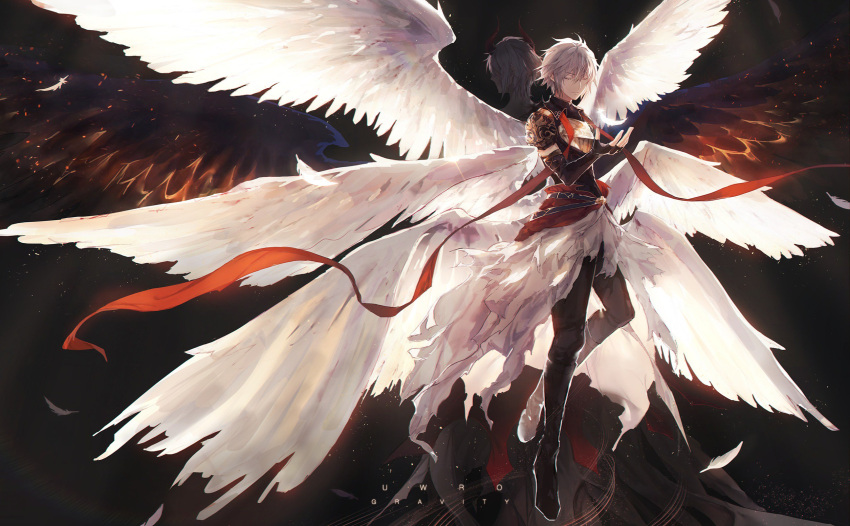 1boy armor closed_eyes demon_horns fingerless_gloves gloves granblue_fantasy highres horns lucifer_(shingeki_no_bahamut) male_focus multiple_wings seraph shingeki_no_bahamut short_hair smile uwro white_hair wings