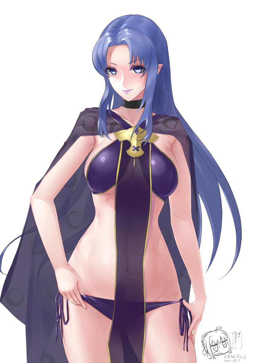 1girl adjusting_clothes adjusting_swimsuit artist_name artoria_pendragon_(all) bikini blue_eyes blue_hair braid breasts cancelu cape caster chibi_inset choker dated fate/grand_order fate_(series) hand_on_hip highres lipstick long_hair looking_at_viewer makeup pointy_ears purple_bikini purple_lipstick saber side-tie_bikini side_braid solo swimsuit tabard under_boob