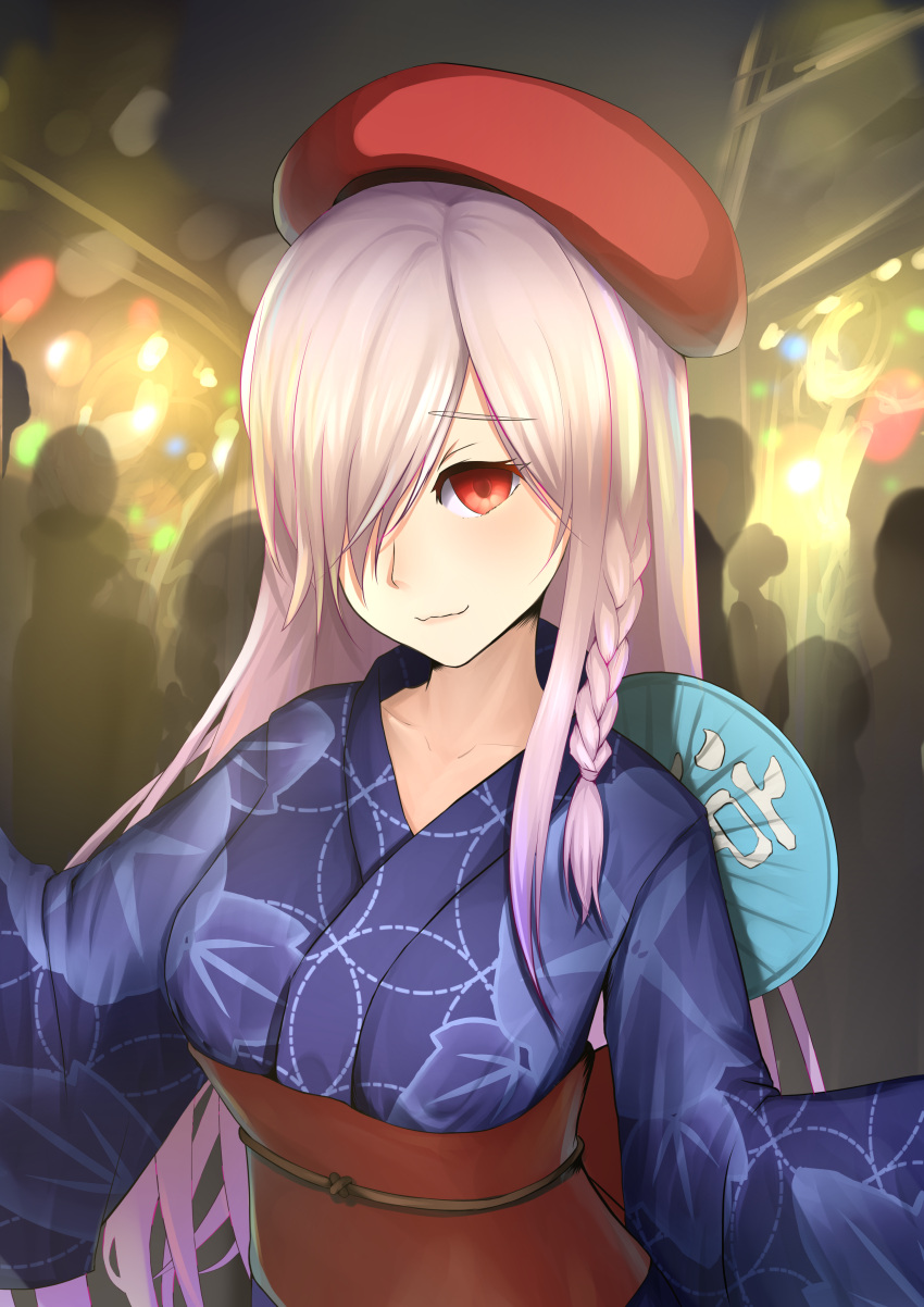 1girl absurdres alternate_costume beret blue_kimono braid breasts collarbone commentary_request fan floral_print g36c_(girls_frontline) girls_frontline hair_over_one_eye hat highres japanese_clothes kimono long_hair medium_breasts obi paper_fan print_kimono red_eyes red_hat sash side_braid silver_hair solo_focus uchiwa very_long_hair xxiner