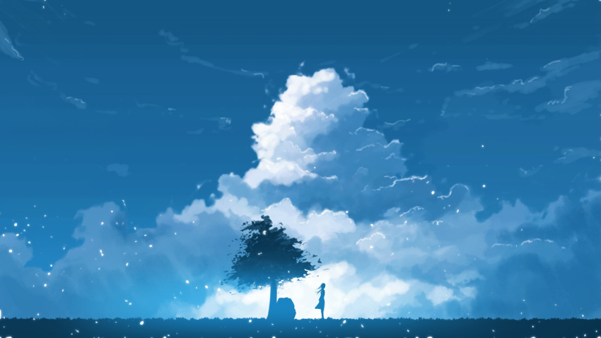 1girl backlighting blue blue_sky clouds day field from_side hati_98 highres light_particles long_hair original outdoors scenery silhouette sky standing tree