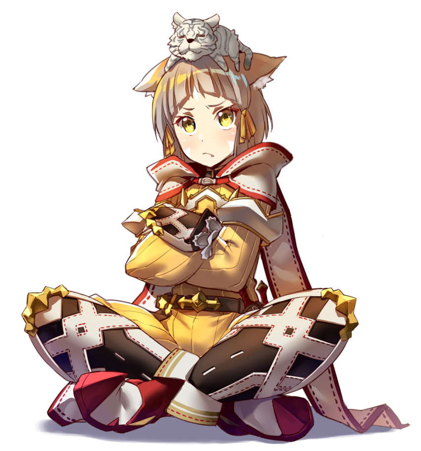 1girl animal animal_ears bangs black_gloves black_legwear blush bodysuit boots byakko_(xenoblade) cat_ears chikugen_shiina closed_eyes closed_mouth commentary_request crossed_arms fang fang_out gloves hair_ribbon head_tilt highres legs_crossed light_brown_hair niyah on_head red_footwear ribbon short_hair sitting thigh-highs tiger white_background white_tiger xenoblade xenoblade_2 yellow_bodysuit yellow_eyes yellow_ribbon younger