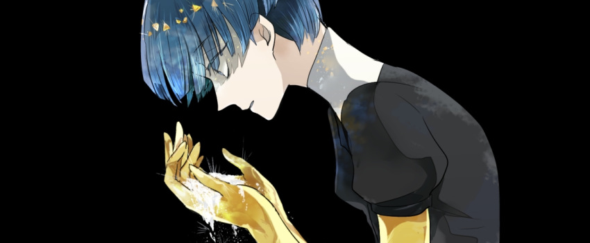 androgynous black_background blue_eyes blue_hair crystal_hair dust gem_uniform_(houseki_no_kuni) golden_arms houseki_no_kuni phosphophyllite phosphophyllite_(ll) short_hair shumiko_(kamenokoueki) solo