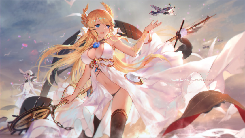 2girls :d aircraft airplane azur_lane backlighting bangs bare_shoulders bird black_legwear black_panties blonde_hair blue_eyes blue_sky blush breasts cleavage day dress elbow_gloves flight_deck gem gloves hair_ornament hairclip hat highres holding holding_staff illustrious_(azur_lane) jewelry large_breasts long_hair motion_blur multiple_girls navel open_mouth outdoors panties petals propeller revealing_clothes ribbon shiny shiny_hair silver_hair sky smile staff standing sun_hat sunlight swd3e2 swept_bangs thigh-highs tri_tails underbust underwear very_long_hair victorious_(azur_lane) white_dress white_gloves white_hat wrist_ribbon yellow_ribbon
