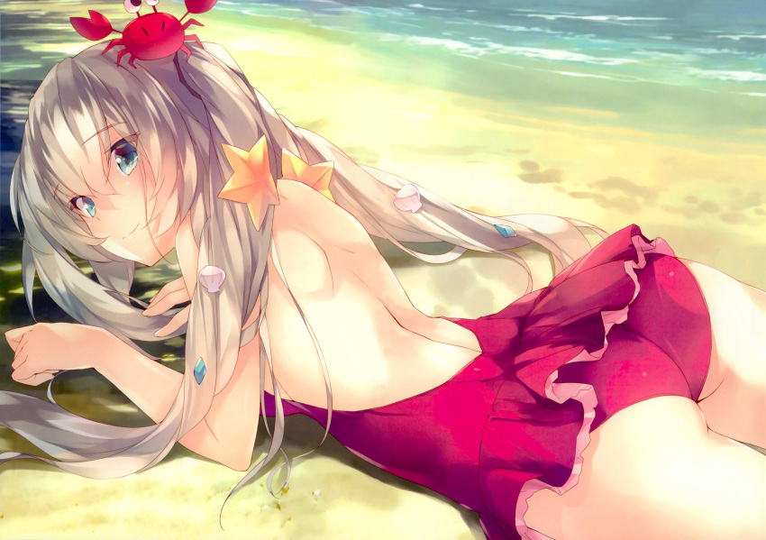 1girl absurdres amami_mikihiro ass backless_outfit beach bikini blue_eyes casual_one-piece_swimsuit day eyebrows_visible_through_hair fate/grand_order fate_(series) hair_between_eyes highres long_hair looking_at_viewer looking_back lying marie_antoinette_(fate/grand_order) on_stomach one-piece_swimsuit outdoors red_bikini silver_hair solo starfish_hair_ornament swimsuit twintails very_long_hair