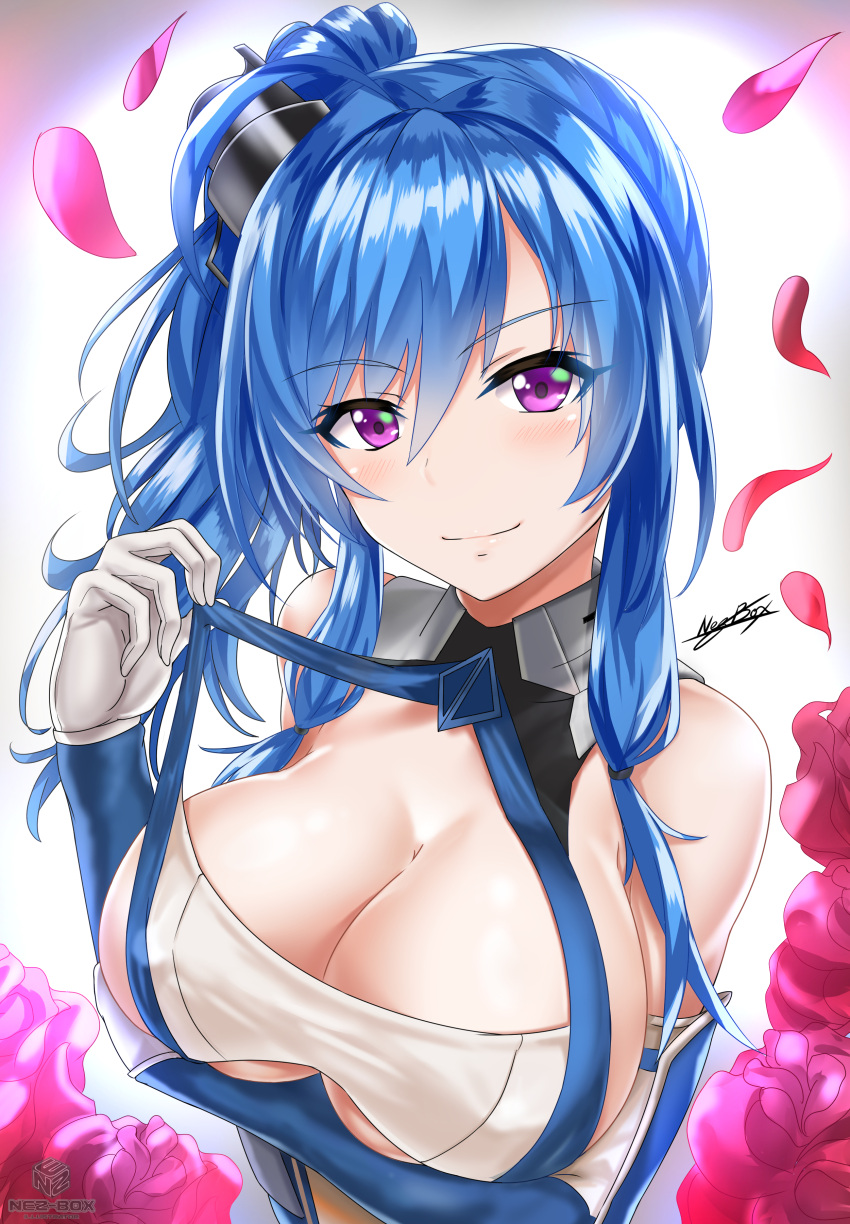 1girl absurdres ahoge arm_guards artist_name azur_lane bangs bare_shoulders blue_hair blush breast_hold breasts cleavage closed_mouth elbow_gloves eyebrows_visible_through_hair eyelashes flower gloves gradient gradient_background hair_between_eyes headgear highres large_breasts long_hair looking_at_viewer nez-kun petals pink_flower ponytail pulled_by_self shiny shiny_hair shiny_skin signature sleeveless smile solo st._louis_(azur_lane) strap_pull tsurime under_boob underboob_cutout upper_body white_gloves