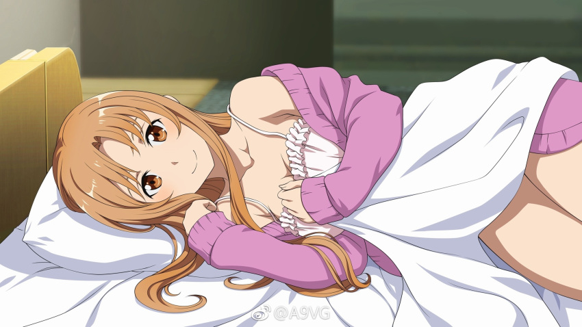 1girl asuna_(sao) bed bedroom breasts brown_eyes brown_hair cardigan cleavage collarbone cowboy_shot from_side game_cg highres indoors long_hair looking_at_viewer lying medium_breasts official_art on_side open_cardigan open_clothes purple_sweater shirt sleeveless sleeveless_shirt smile solo sword_art_online white_shirt