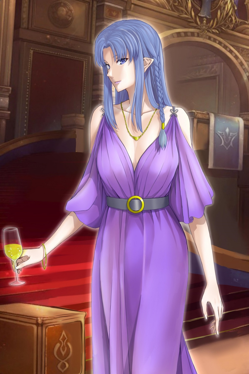 1girl alcohol blue_eyes blue_hair bracelet braid breasts caster cup dress drinking_glass fate/grand_order fate_(series) highres jewelry lipstick long_dress long_hair looking_at_viewer makeup medium_breasts muumin_(izumo5559696) necklace pointy_ears purple_dress purple_lipstick side_braid solo stairs wine wine_glass