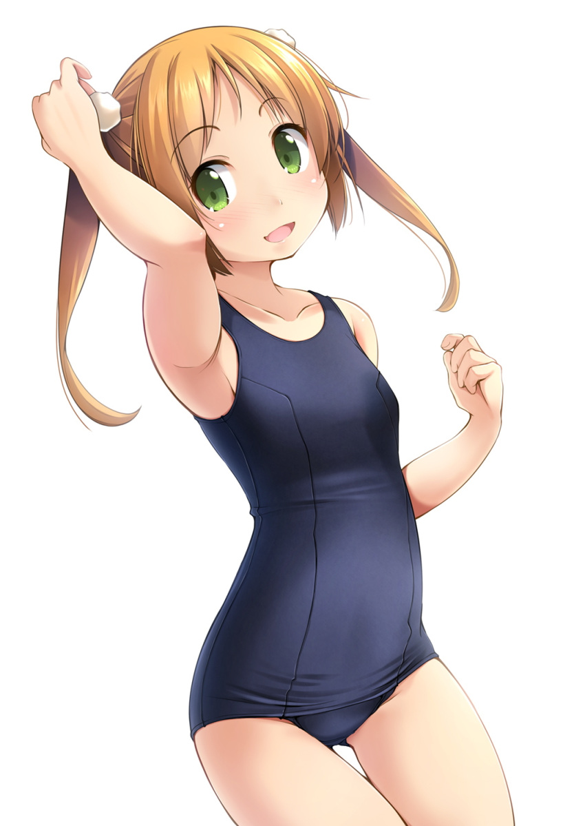 1girl blonde_hair blue_swimsuit cowboy_shot flat_chest green_eyes hair_ornament highres long_hair looking_at_viewer old_school_swimsuit open_mouth original school_swimsuit shibacha_(shibacha_0728) simple_background smile solo swimsuit thigh_gap twintails white_background