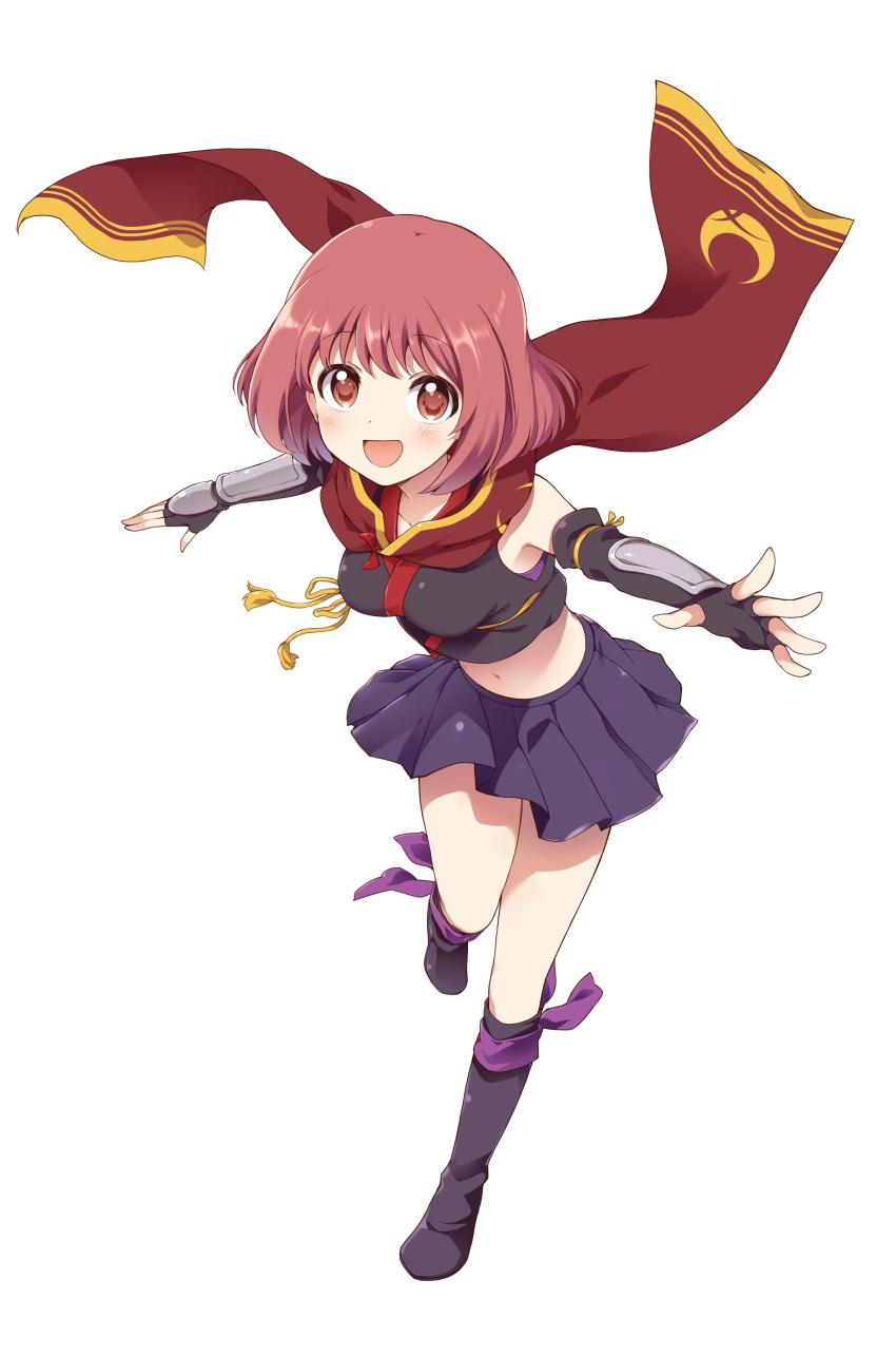 1girl :d absurdres blush boots brown_eyes brown_hair brown_scarf crop_top elbow_gloves fingerless_gloves full_body gloves highres knee_boots looking_at_viewer midriff minamoto_momo miniskirt mitsuki_meiya moon_print navel one_leg_raised open_mouth outstretched_arms pleated_skirt purple_ribbon purple_skirt release_the_spyce ribbon short_hair simple_background skirt sleeveless smile solo stomach white_background
