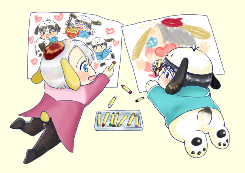 2boys animal_ears animal_hat black_hair blue-framed_eyewear blue_eyes brown_eyes cosplay crayon dog_ears dog_hat dog_tail drawing from_behind glasses hat highres ichigo_daifuku_(blumenwalzer0903) katsuki_yuuri lying male_focus multiple_boys on_stomach pochacco pochacco_(cosplay) pompompurin pompompurin_(cosplay) sanrio silver_hair tail viktor_nikiforov yuri!!!_on_ice