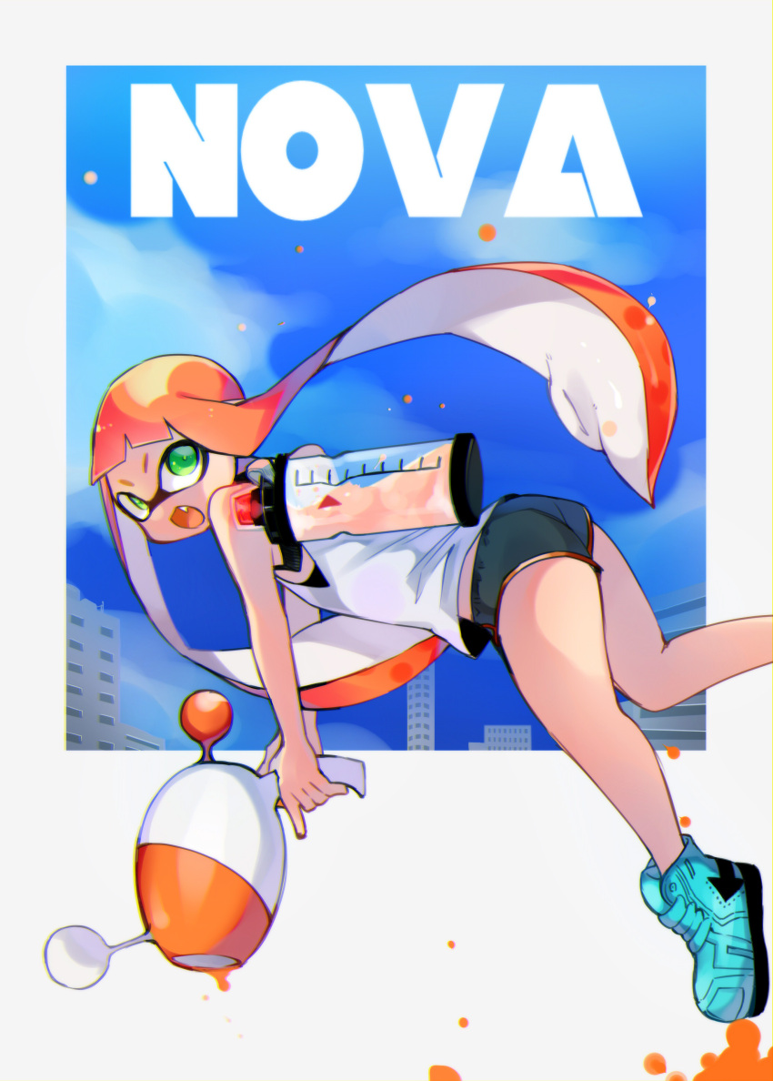 1girl :d absurdres aqua_footwear ass bare_arms bare_shoulders black_shorts blue_sky bulge day domino_mask fang from_side green_eyes highres holding holding_weapon ink_tank_(splatoon) inkling iriehana long_hair looking_at_viewer looking_to_the_side luna_blaster_(splatoon) mask no_socks open_mouth orange_hair outside_border shirt shoes short_shorts shorts sky sleeveless smile sneakers solo splatoon splatoon_2 tank_top tentacle_hair trigger_discipline twintails two-handed v-shaped_eyebrows very_long_hair weapon white_shirt